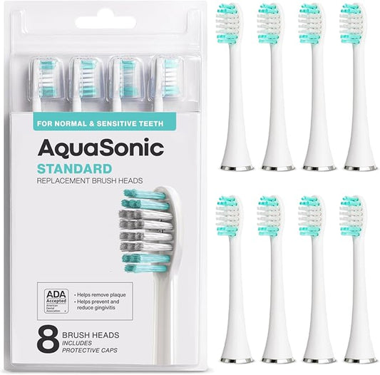 AquaSonic Standard Replacement Brush Heads | ADA Accepted | for Normal & Sensitive Teeth | Compatible with Many AquaSonic Toothbrush Handles (8 Pack White)