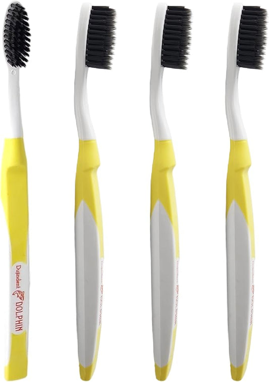 Dolphin Charcoal Toothbrush Extra Soft Bristle Manual Soft Long Flossing, Ultra Clean Toothbrush, Good for Sensitive Teeth and Gums (Yellow, Charcoal 4 Packs)