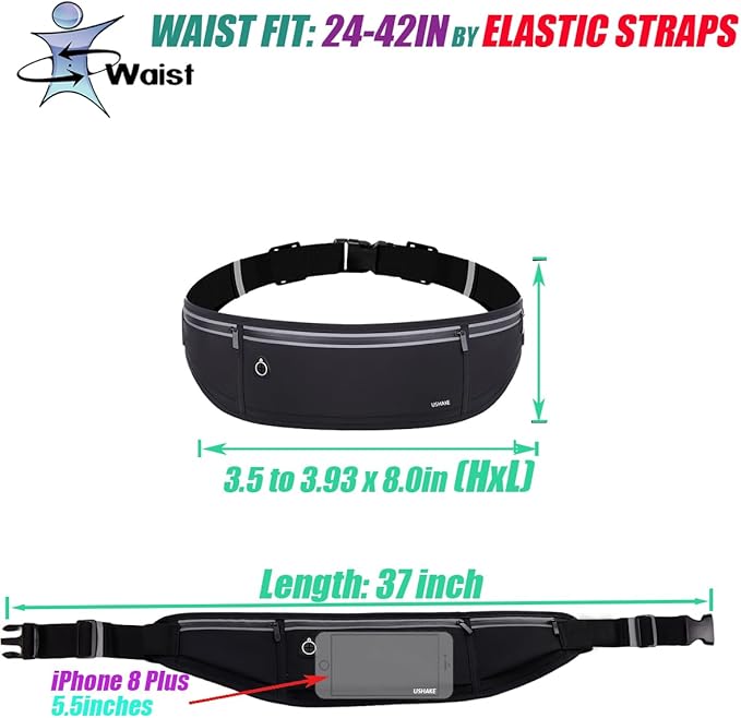 USHAKE Slim Running Belt, Workout Fanny Pack for Men Women,Exercise Waist Pack for Apple iPhone Holder, Runner Belt for Running Walking Cycling Camping Gym Black-StrideForce Fitness