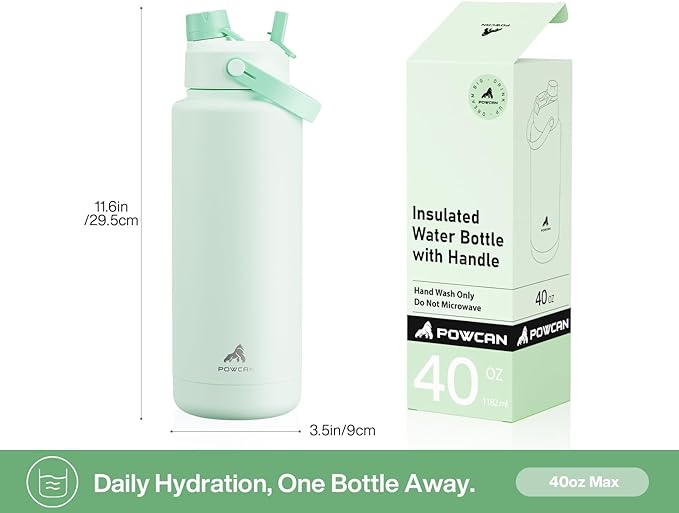 40 oz Insulated Water Bottle with 2-in-1 Straw and Spout Lid, Keep Cold 24H, Leak-Proof, BPA-Free, Double Wall Stainless Steel Water Bottle for Sports, Gym, Travel, and School (Mint)-StrideForce Fitness