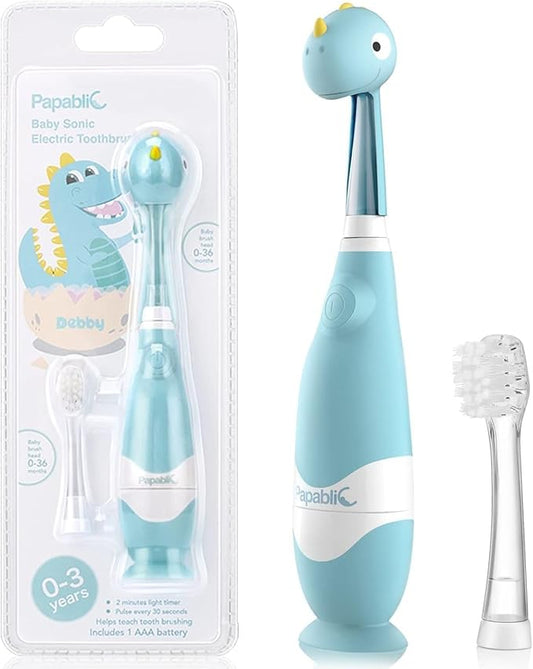 Papablic Toddler Sonic Electric Toothbrush Kids for Ages 1-3 Years, Baby Electric Toothbrush with Cute Dino Cover and Smart LED Timer, 2 Brush Heads (Debby)