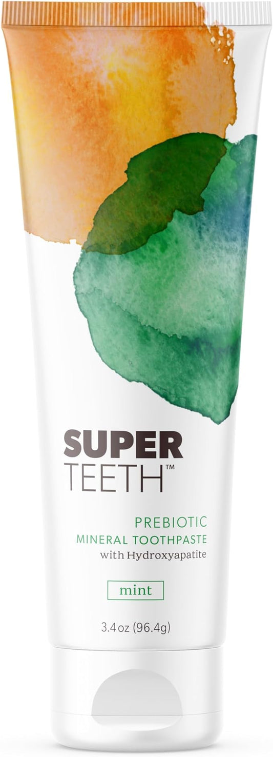 SuperTeeth Prebiotic Mineral Toothpaste for Adults & Kids with Hydroxyapatite | Fights Cavities & Plaque Buildup | Breath Freshener | Fluoride Free & SLS Free | Remineralizes Teeth | USA-Made | Mint
