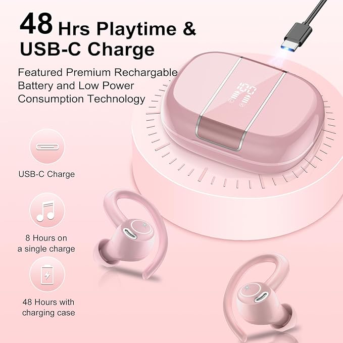 Wireless Earbuds Bluetooth 5.3 Headphones Sports, 48Hrs Playtime Bluetooth Earbuds with CVC 8.0 Mic, 2025 Stereo Bass Over Ear Bud with Earhooks, LED Display, IP7 Waterproof Earphon for Running Rose-StrideForce Fitness