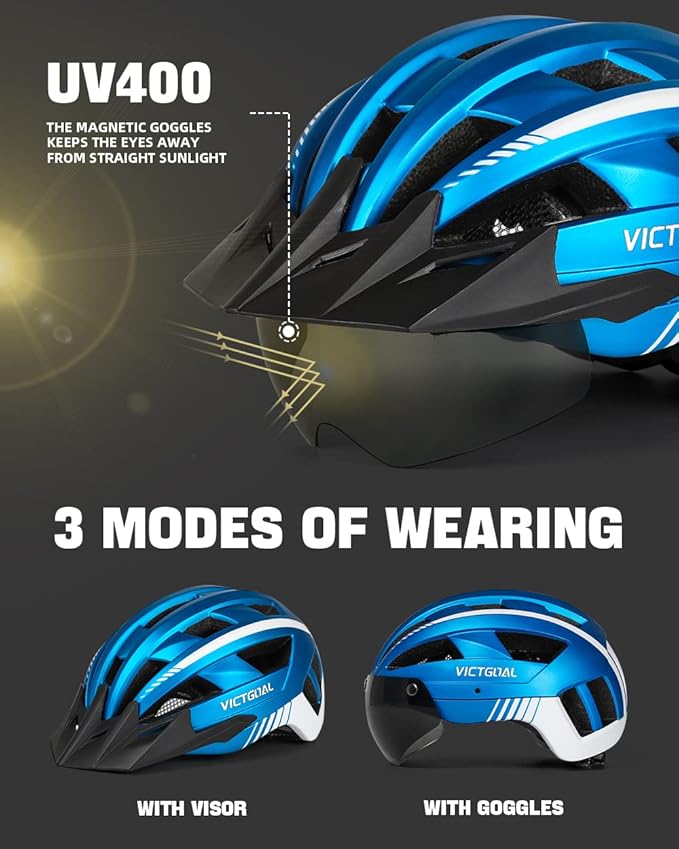 VICTGOAL Bike Helmet for Men Women with Led Light Detachable Magnetic Goggles Removable Sun Visor Mountain & Road Bicycle Helmets Adjustable Size Adult Cycling Helmets-StrideForce Fitness