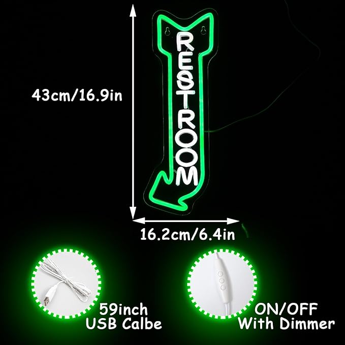 Restroom Neon Sign for Wall Decor Toilet Neon Light Arrow Led Neon Lights White Green Led Neon Signs for Hotel Bar Hospital Mall Store Office Decoration(16.9”*6.3”)-StrideForce Fitness
