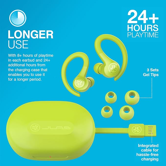 JLab Go Air Sport True Wireless Earbuds, Yellow, Featuring C3 Clear Calling, Secure Earhook Sport Design, 35+ Hour Bluetooth Playtime, and 3 EQ Sound Settings-StrideForce Fitness
