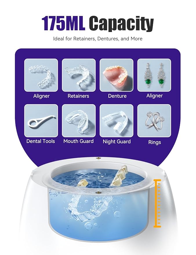 Ultrasonic Retainer Cleaner, EVA BELLE Rechargeable Denture Cleaner Machine, Tooth Cleaner MouthGuard Cleaner, Portable Retainer Cleaner for Night Guards, Braces, Aligner, Toothbrush, Jewelry and More