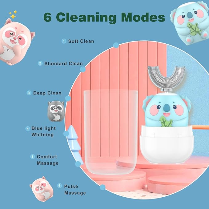 Kids Electric Toothbrush, U Shaped Toothbrush Kids Sonic Automatic Brush with 5 Brush Heads 6 Cleaning Modes IPX7 Waterproof Rechargeable Smart Timer for Children (Ages 8-14, Koala Cyan)