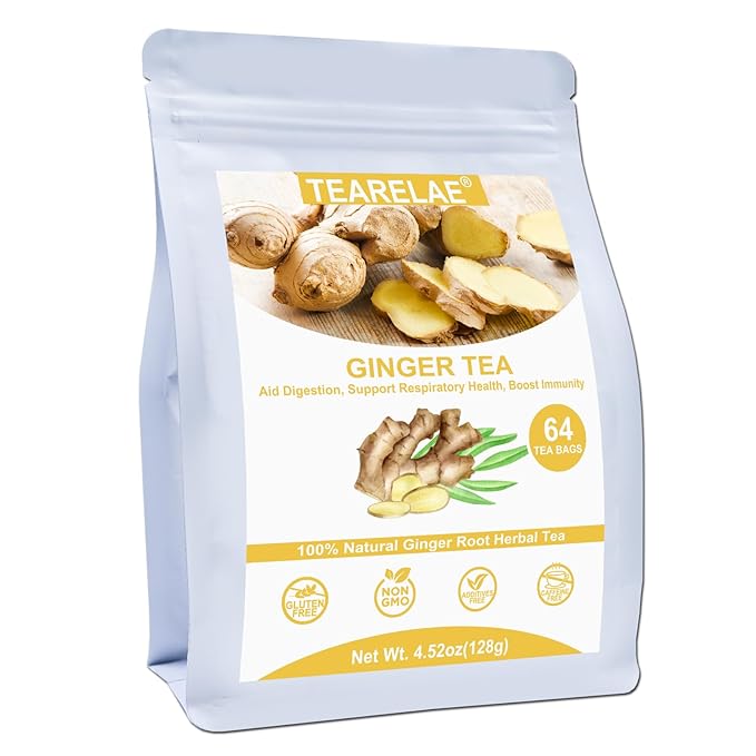TEARELAE - Ginger Tea Bags, 64 Count - 100% Pure Ginger Root Tea, Soothing & Spicy - Non-GMO - Caffeine-free - Aid Digestion & Support Respiratory-StrideForce Fitness