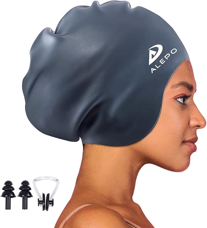 Alepo Extra Large Swim Cap for Women Men, Durable Silicone Swimming Hat with Ear Protection, Unisex Adults Bath Swimming Caps for Long Thick Curly Hair & Dreadlocks Braids Weaves Afro Hair-StrideForce Fitness