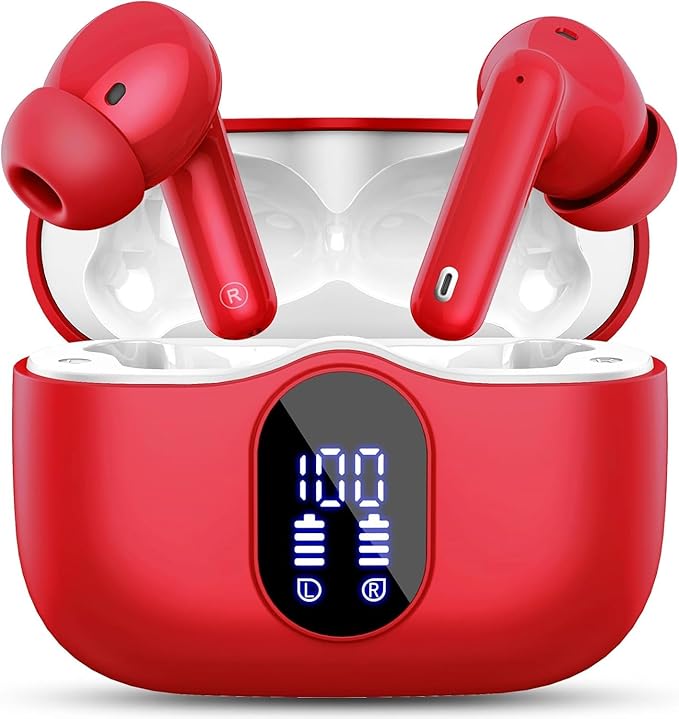 Wireless Earbuds, Bluetooth 5.4 Headphones Bass Stereo, Ear Buds with Noise Cancelling Mic, IP7 Waterproof in Ear Earphones, 36H LED Display Bluetooth Earbuds for Laptop Pad Phones Sports, Red-StrideForce Fitness