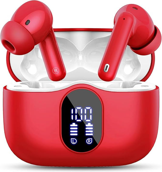Wireless Earbuds, Bluetooth 5.4 Headphones Bass Stereo, Ear Buds with Noise Cancelling Mic, IP7 Waterproof in Ear Earphones, 36H LED Display Bluetooth Earbuds for Laptop Pad Phones Sports, Red-StrideForce Fitness