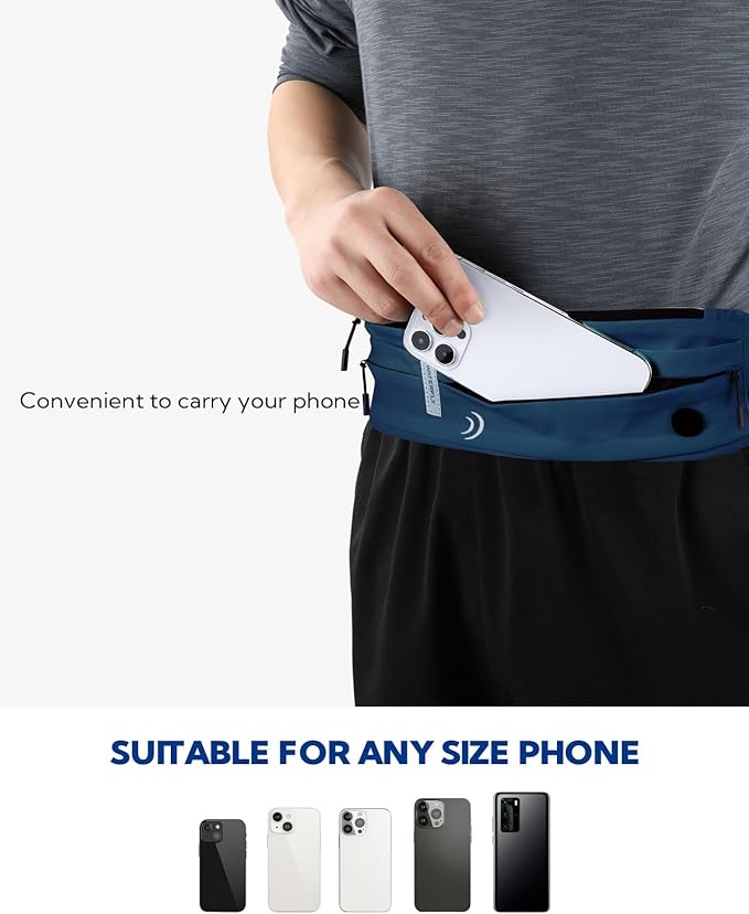 WATERFLY Running Belt Fanny Pack: Runner Marathon Jogging Waist Pack Sport Workout Exercise Fitness Phone Holder Belt for Men Women Jogger Slim Waistband Dark Blue-StrideForce Fitness