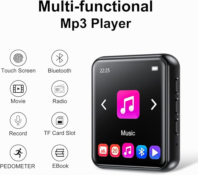 64GB MP3 Player Bluetooth 5.3 Touch Screen Music Player Portable mp3 Player with Speakers high Fidelity Lossless Sound Quality mp3 FM Radio Recording e-Book MP3 Player Support (128GB)-StrideForce Fitness
