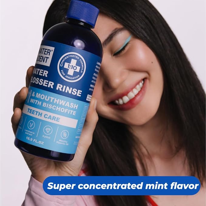 | Water Flosser Rinse, IRRIGANT, Concentrate Mouthwash | When dilluted1:10 = 44 fl.oz, Travel Size, Add to Oral irrigator, Mint Flavor, Alcohol & Fluoride Free. Made in USA | 4 fl.oz