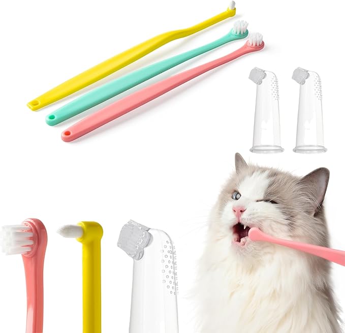 E.M&S.T by Emmeliestella Small Dog & Cat Toothbrush Kit，Micro Head, Kitten Toothbrush, Finger Brush, Starter Kit, Round & Pointed Design, Pet Dental Care, Soft Bristles, Multi-Angle, Deep Clean, 5PCS