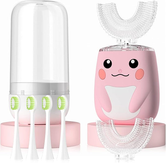 Kids Electric U Shaped Toothbrush Children Rechargeable Sonic Toothbrush with 6 Soft Brush Head Automatic Full Mouth 6 Cleaning Modes -Age2-7 Pink