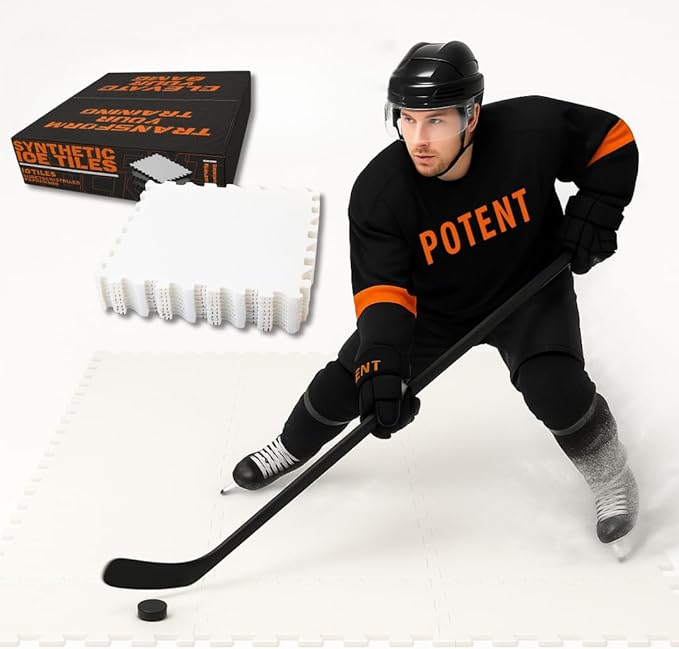 Potent Skateable Synthetic Ice Hockey Tiles (10-Pack, 21.6 SQFT) – Artificial Ice Rink Tiles for Home Hockey Training – Easy Interlocking Assembly, Expandable Design, Durable Self-Lubricating Surface-StrideForce Fitness