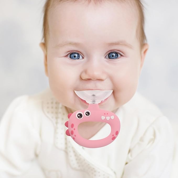 U Shaped Kids Toothbrush for Oral Care - 360° Rotating Silicone Head - Manual Self Brushing Toothbrush - Dinosaur Fun Brush for Ages 0-3 Kids Pink