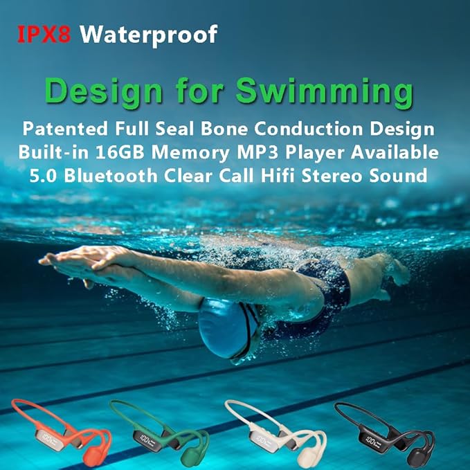 HAO Swimming Headphones True Bone Conduction Open Ear Headset MP3 Player Built-in 32G Memory IP68 Underwater Waterproof Stereo Bluetooth Earphone for Driving Bicycling Running Skiing-StrideForce Fitness