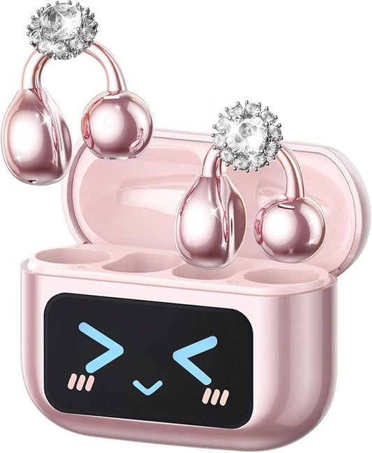 PAXA Stylish Open Ear Clip On Earbuds with Removable Diamond Earring, Clip On Headphones with LCD Touch Screen, Fashionables Open Ear Headphones for Women, Diamond Earring Rose Gold Earbuds-StrideForce Fitness