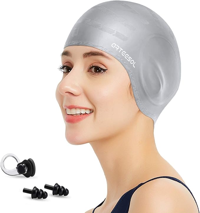 Swimming Cap, Silicone Swim Cap for Women Men, Durable Non-Slip Waterproof Swim Cap Protect Ears, Long Hair for Adults, Older Kids-StrideForce Fitness