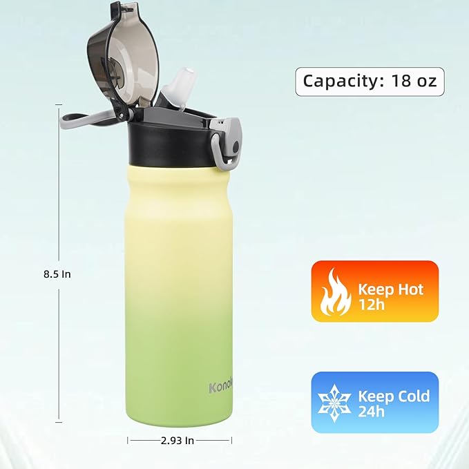 Insulated Water Bottle with Straw and Carry Loop,18 oz Stainless Steel Double Wall Vaccum Metal Water Flask with Leak-proof Lid,Lime-StrideForce Fitness
