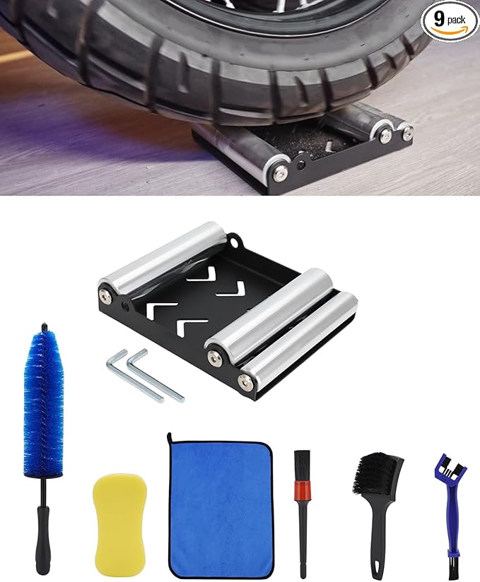 Motorcycle Wheel Cleaning Stand with Cleaning Brush Kit,Universal Roller Paddock for Dirt Street Bike Ebike for Tire Cleaning & Chain Lubrication(Bikes<700 lb & Tire Width<250 mm)(9PCS)-StrideForce Fitness