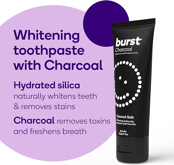 BURST Charcoal Whitening Toothpaste for Adults (4.7oz/2 Pack) | for Sensitive Teeth with Cavity Fighting Fluoride & Xylitol | Vegan | Gluten & SLS Free | Coconut Salt
