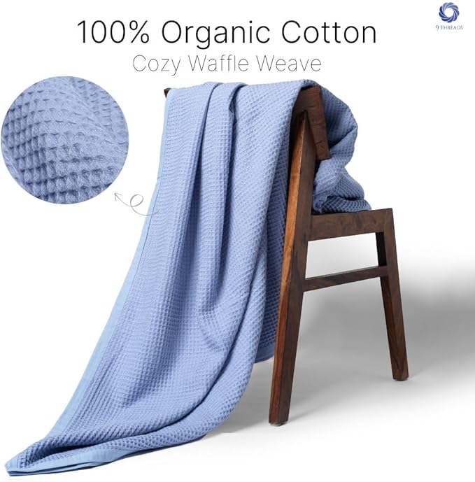 GOTS Certified Organic Cotton Waffle Weave Cozy Throw Blanket for Twin Bed & Couch - 66"X90", Modern Home Decor - Powder Blue-StrideForce Fitness
