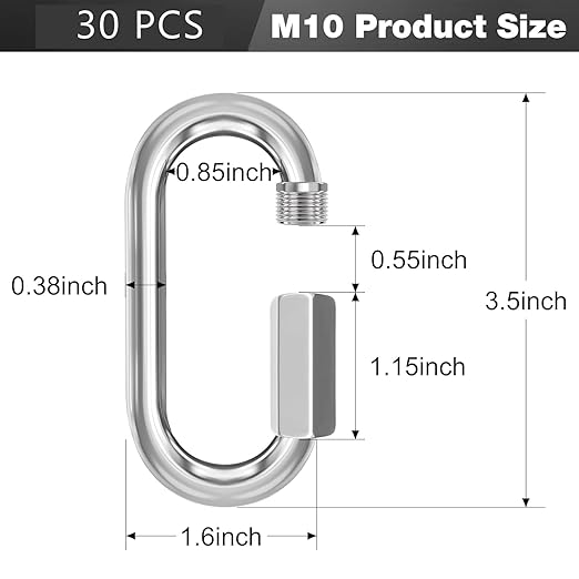 M10-30 Pack 3.5“ Quick Links Chain Connectors, 3/8″ Galvanized Chain Locking Carabiners Hooks, 2000LBS Heavy Duty Thread Quick Link Clips, Twist Oval Keychain D Shape for Swing, Camping-StrideForce Fitness