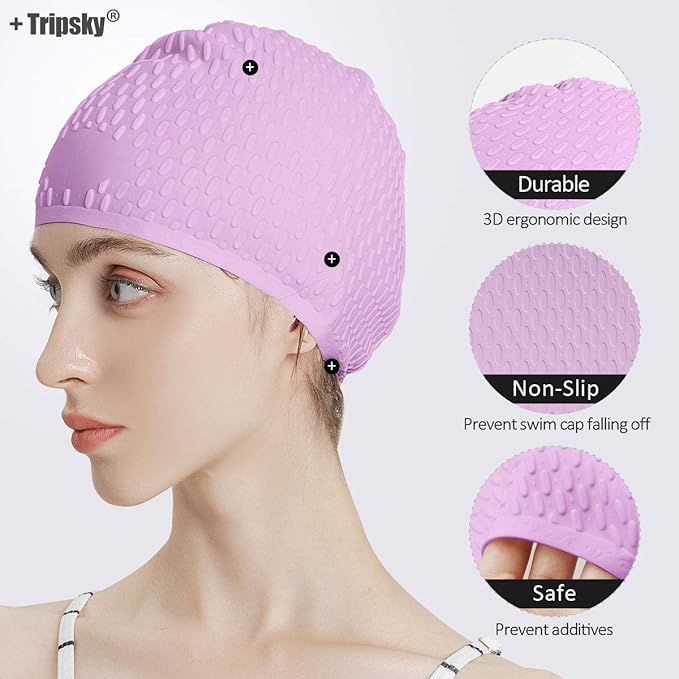 Tripsky Silicone Swim Cap,Comfortable Bathing Cap Ideal for Curly Short Medium Long Hair, Swimming Cap for Women and Men, Shower Caps Keep Hairstyle Unchanged…-StrideForce Fitness
