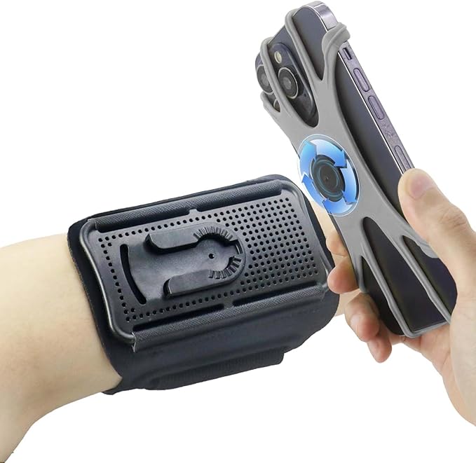 Wristband Phone Holder for Running, 360°Rotation & Detachable Sports Armband with Key Holder for iPhone 16/15/14/13/12/Pro/Pro Max/XS/XR/X/8/7/6/Plus, Fits 4.5-7 Inch Smartphones (Grey)-StrideForce Fitness
