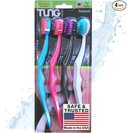 Tung Brush Tongue Cleaner, Plastic Tung Scraper, Tongue Cleaning to Fight Bad Breath, Halitosis Defense, USA Made, 4-Pack