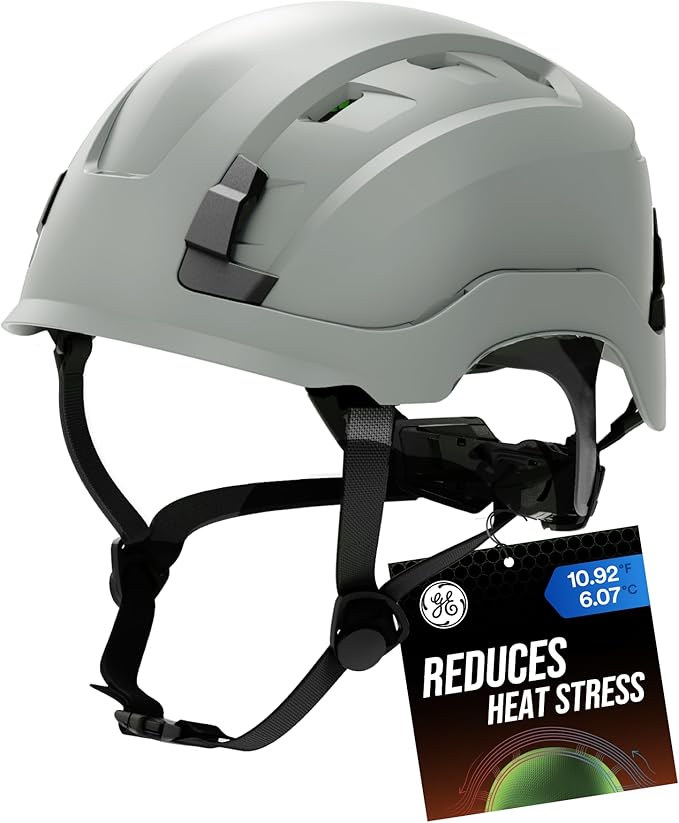 GE Safety Helmet, Impact Absorbing Tech, Adjustable Ratchet, ANSI Type 1, Memory Foam Padding, Hard Hats Protection, Lightweight, Durable, Chin Strap, Comfortable Fit OSHA Approved-StrideForce Fitness