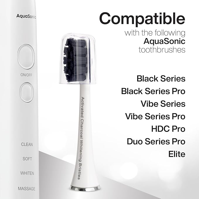 AquaSonic Genuine 2-Pack Activated Charcoal Brush Heads - Ultra Whitening Brush Heads - 2X Whitening & Stain Remover - for Black Series, Black Series Pro, Vibe Series, Duo Pro Series (White)