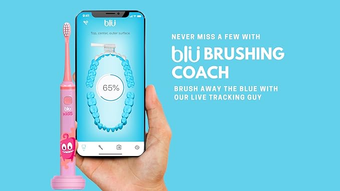 Blu Smart Bluetooth Enabled Kids Toothbrush with Live Tracking App to Teach Children Healthy Brushing Habits, Share Results with Your Dentist, Wireless Rechargeable Electric (Pink)