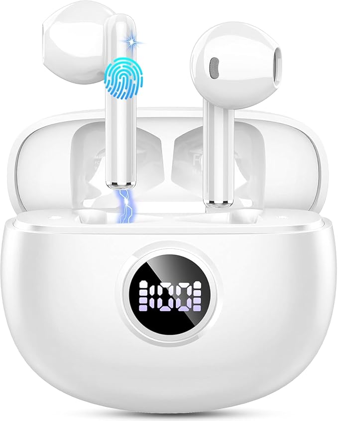 Wireless Earbuds, 2025 Bluetooth 5.3 Headphones HiFi Stereo Ear buds with ENC Noise Cancelling Mics, 40H Bluetooth Earbuds with Dual LED Display, IP7 Waterproof in Ear Earphones for Android iOS, White-StrideForce Fitness