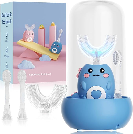 Kids U Shaped Electric Toothbrush, with 3 Cleaning Modes, with 4 Brush Heads, 360° Sonic Automatic Toothbrush, IPX7 Waterproof Cartoon Dinosaur Design (Ages 2-12)