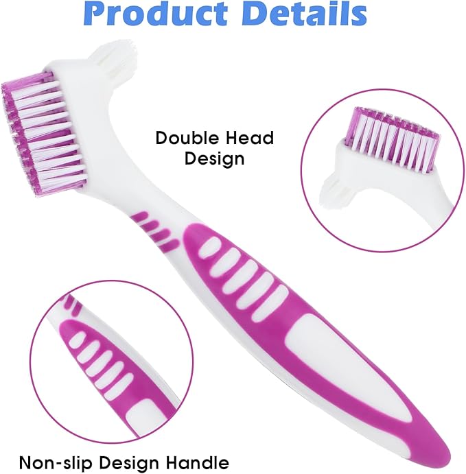 4 Pcs Denture Brush, Portable Denture Toothbrushes with White Carrying Case, Dual Angled False Teeth Care Cleaning Brush with Multi-Layered Soft Bristles (Purple, Green, Blue, Orange)