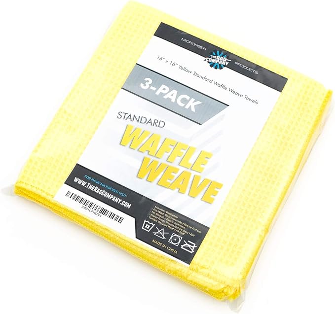 The Rag Company - Standard Waffle Weave Microfiber Towels (3-Pack) Detailing, Window, Glass and Drying, Wax & Polish, Lint-Free, Streak-Free, 370gsm, 16in x 16in, Yellow-StrideForce Fitness