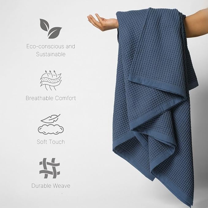 GOTS Certified Organic Cotton Waffle Weave Blanket, King Bed Size,108"X90" Cozy Throw Blanket for Couch, Modern Home Decor, Throw Blankets,Comfy Waffle Blanket Soft Bed Blankets-Navy Blue-StrideForce Fitness