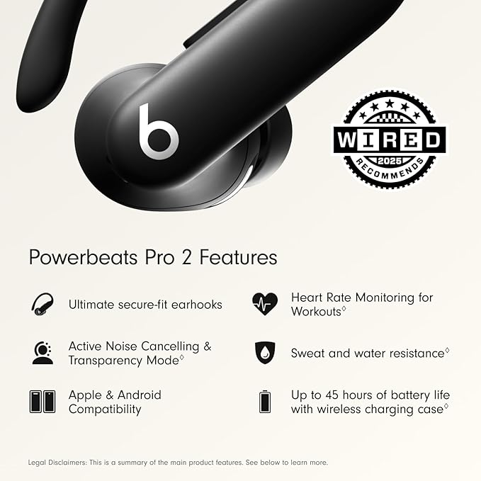 Beats Powerbeats Pro 2 Wireless Bluetooth Earbuds - Noise Cancelling, Heart Rate Monitor, IPX4, Up to 45H Battery & Charging Case, Works with Apple & Android - Jet Black-StrideForce Fitness