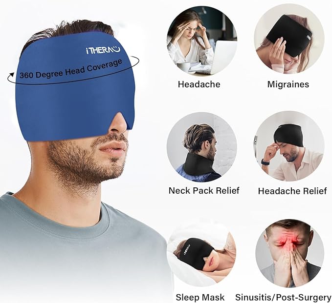 iTHERAU Migraine Relief Cap，Migraine Ice Head Wrap，Headache Ice Hat，Cold Therapy Headache Relief Cap for Migraine Eyes Mask Dark Blue Headache Ice Pack Stress Relief-StrideForce Fitness