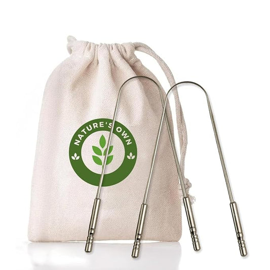 Nature's Own Tongue Scraper for Adults & Kids, Stainless Steel Tongue Cleaner for Fresh Breath, Remove Buildup, Oral Care Tool, Tongue Scrubber for Hygiene, Ayurvedic Tongue Cleaning Kit (Pack of 2)