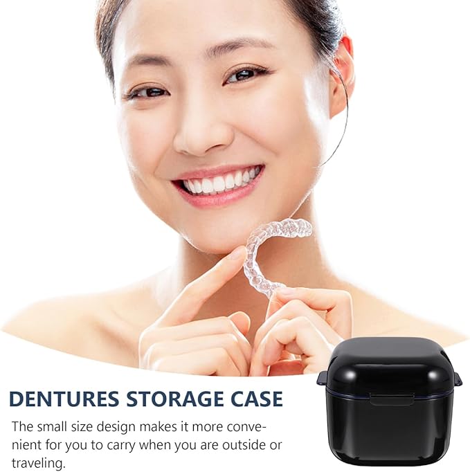 Yardwe Denture Bath Case Cup Box Portable False Teeth Holder Storage Soak Container Orthodontic Retainer Case with Strainer Basket for Travel Cleaning Black