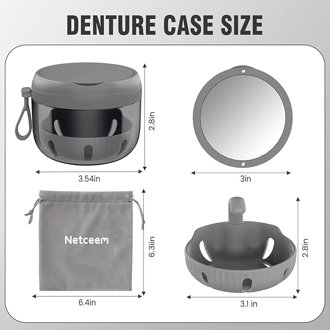 Denture Bath Box Cup, Leak Proof Denture Cup Kit Portable Retainer Case for Travel, Denture Case Cleaning Care for Dentures Aligner Mouth Guard with Denture Brush,Strainer, Removal Tool and Mirror