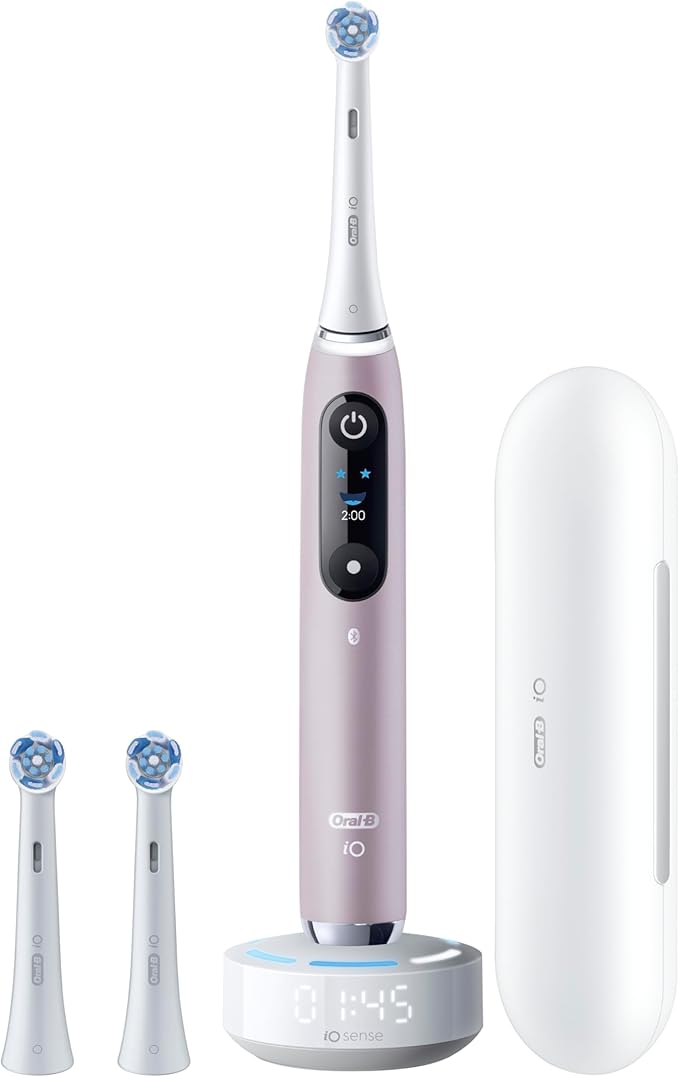 Oral-B iO Series 9 Limited Rechargeable Rose Quartz Electric Toothbrush with (2) Ultimate Clean and (1) Gentle Care Replacement Brush Heads, White, Travel Case-White and Charger