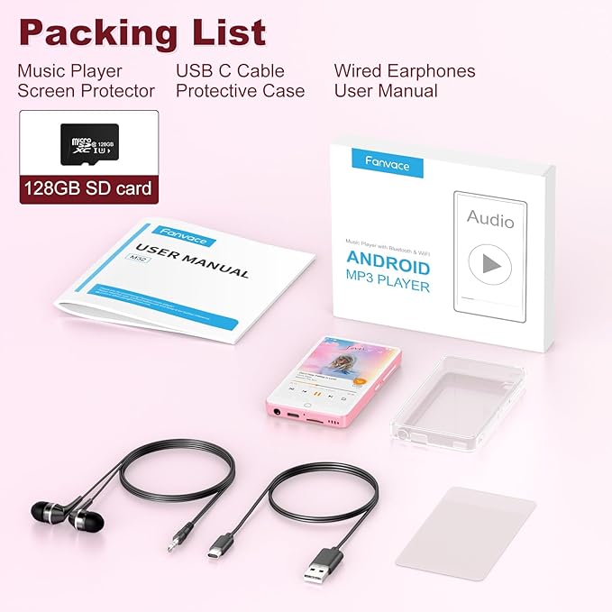 144GB MP3 Player with Bluetooth WiFi, Android 13 OS MP3 MP4 Player with 4" Touchscreen and Speaker, MP3 Music Players with Spotify, Audible, Amazon Music, Play Store (Pink)-StrideForce Fitness