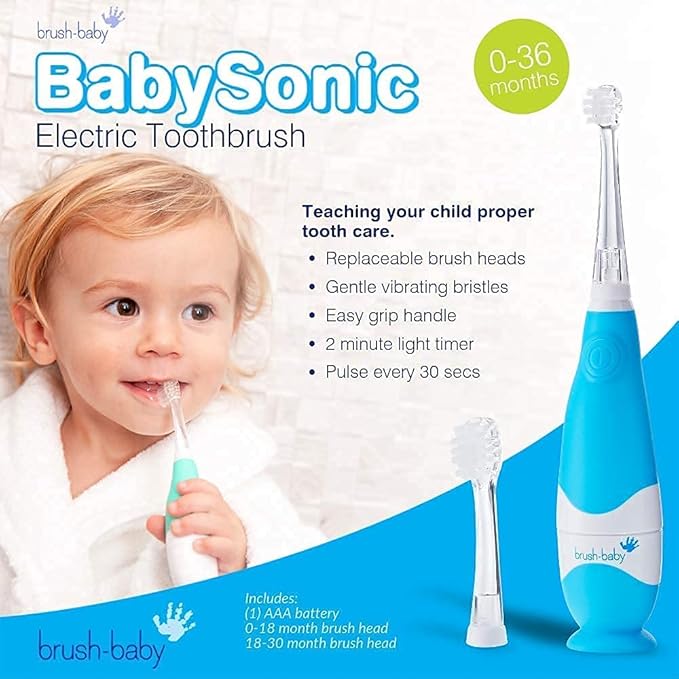 brush-baby - BabySonic Blue Electric Toothbrush, 0-36 Months - Soft, Gentle Vibrating Toothbrush for Sensitive Gums & New Teeth - with LED Light & Suction Base - Baby & Toddler Brush Heads